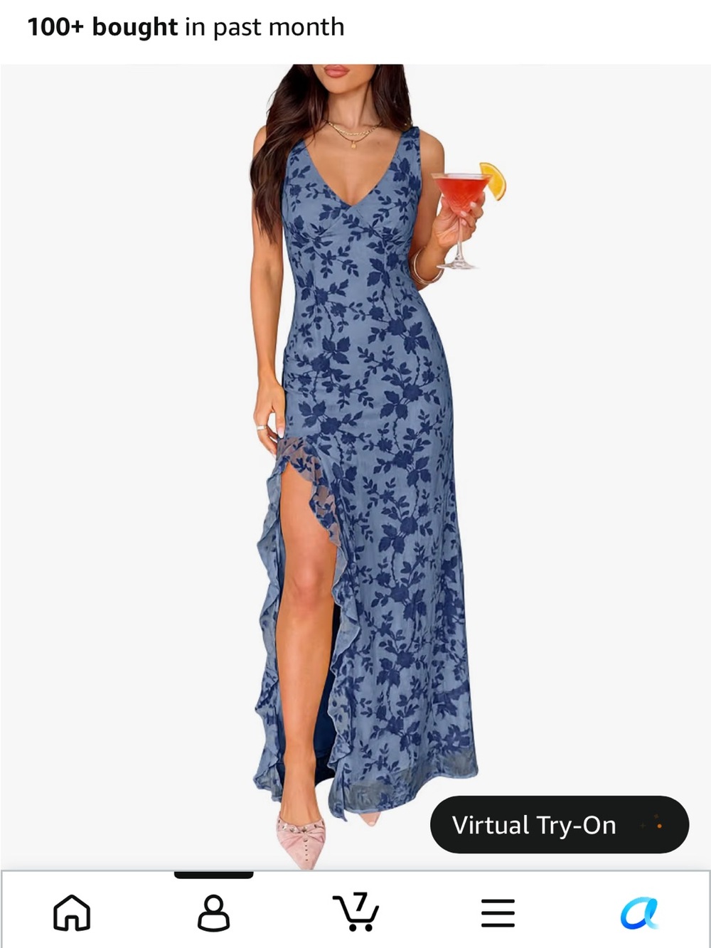 Blue Floral V-Neck Ruffle High-Slit Maxi Dress